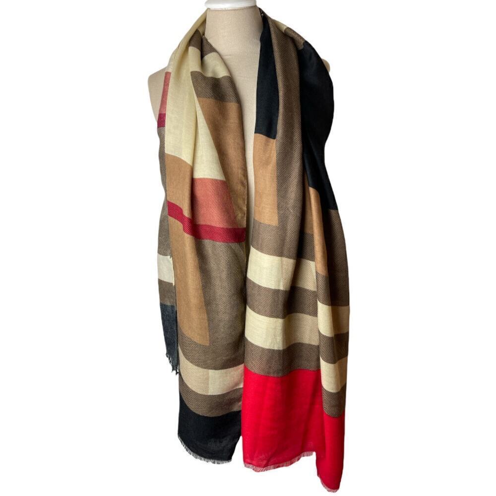 Lightweight Geo Pattern Tan Brown Red Scarf Wrap - Picture 2 of 2